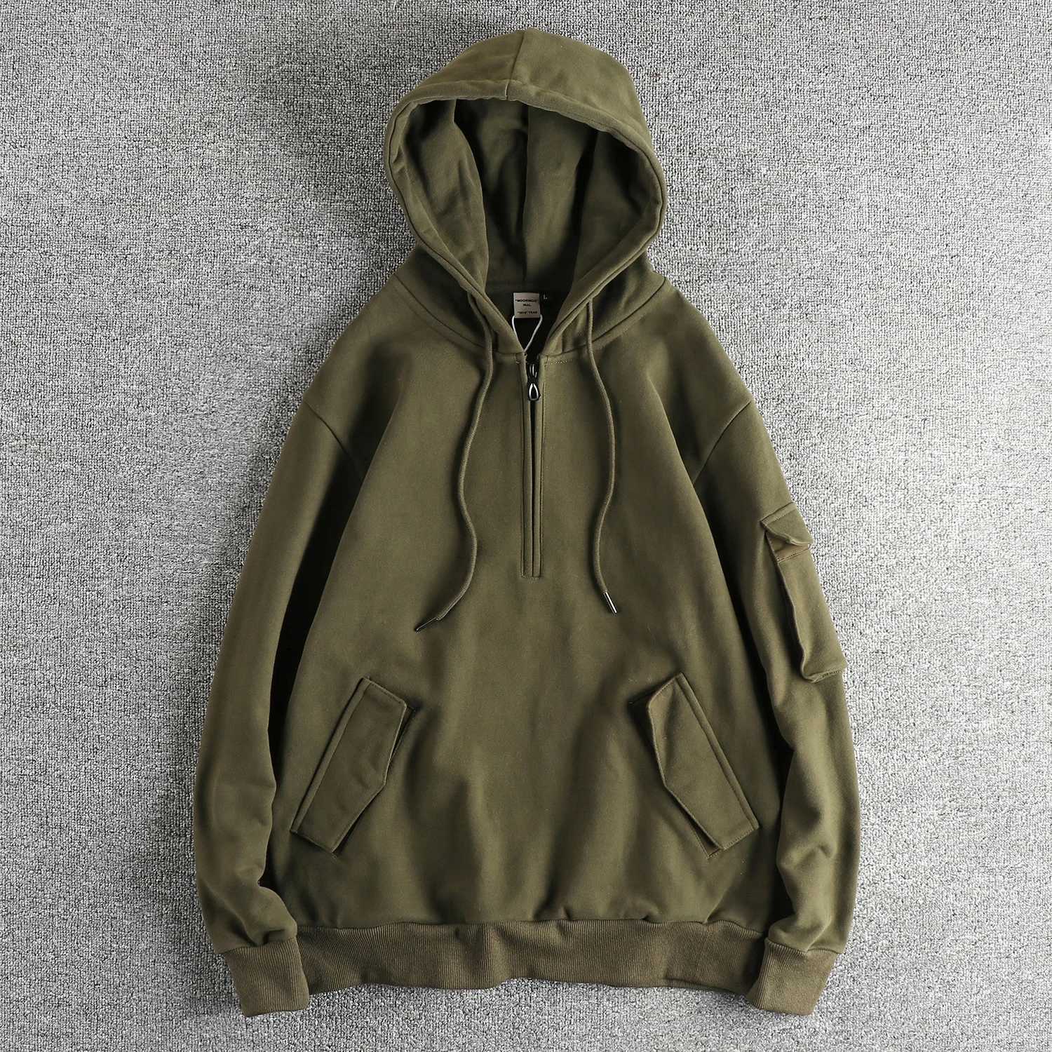 Men's Hoodies Sweatshirts Heavy wool and thick cotton men's hoodie overalls multi-bag tough man trend retro semi-open collar coat X260919