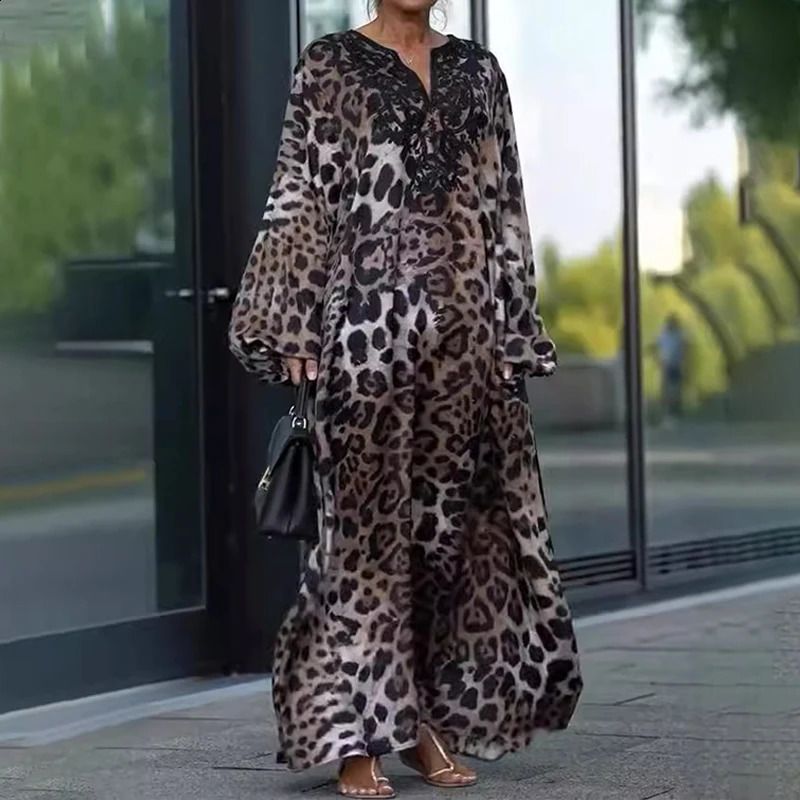 BKLD Elegant Casual Loose Dresses Spring Summer Leopard Printed Longsleeve V Neck Long Vestidos Vacation Street Ladies Robe 260920