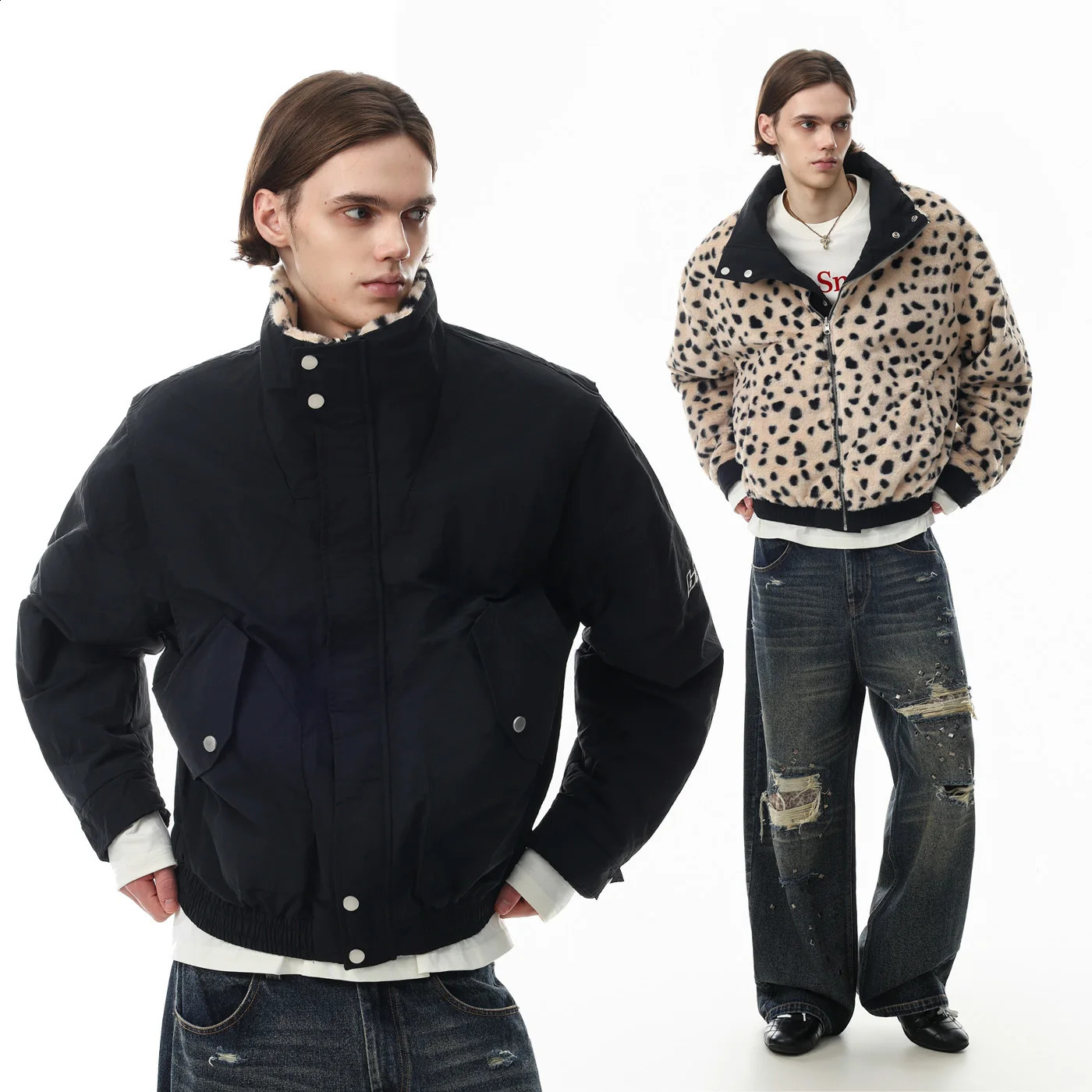 Double Side Wearable Leopard Fleece Fur Thicken Warm Jacket Men Women American Streetwear Fashion Parkas Jacket Winter Coat 260920