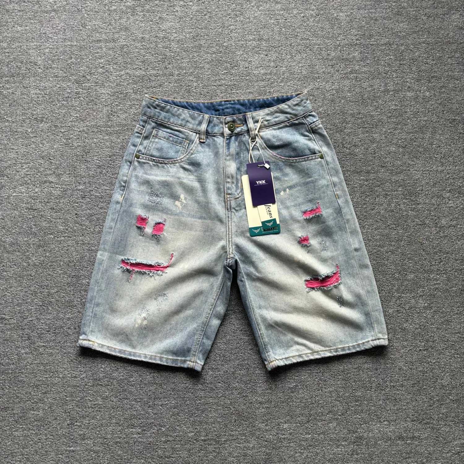 Men's Jeans Vintage distressed patched denim shorts men's street contrasting raw edge loose casual shorts X260919
