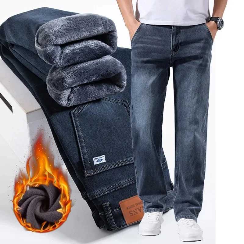 Jeans da uomo in pile invernale Jeans da uomo elasticizzati spessi Pantaloni casual da lavoro Pantaloni classici larghi dritti in velluto caldo deni