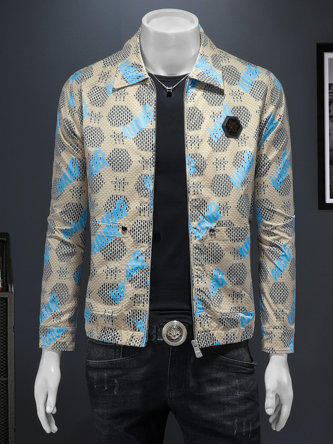 European Style Autumn/Winter New Men's Light Luxury Lapel Casual Jacket High-Quality Printed Trendy Outerwear Top