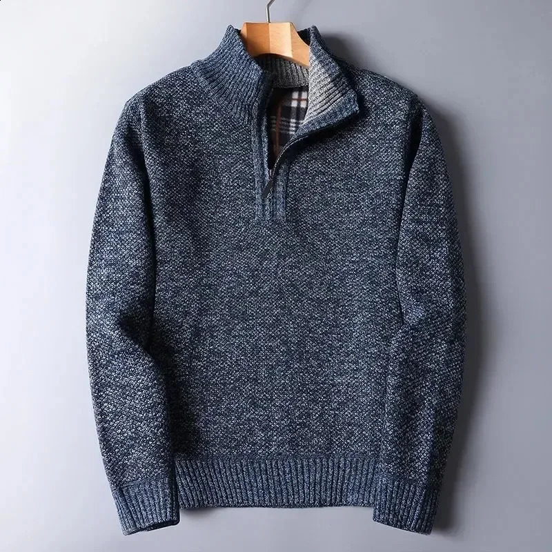 Autumn Winter Mens Padded Sweater Mock Neck Half Zipper Warm Thickened Solid Color Casual Pullovers Male Fashion Knitwear 260920
