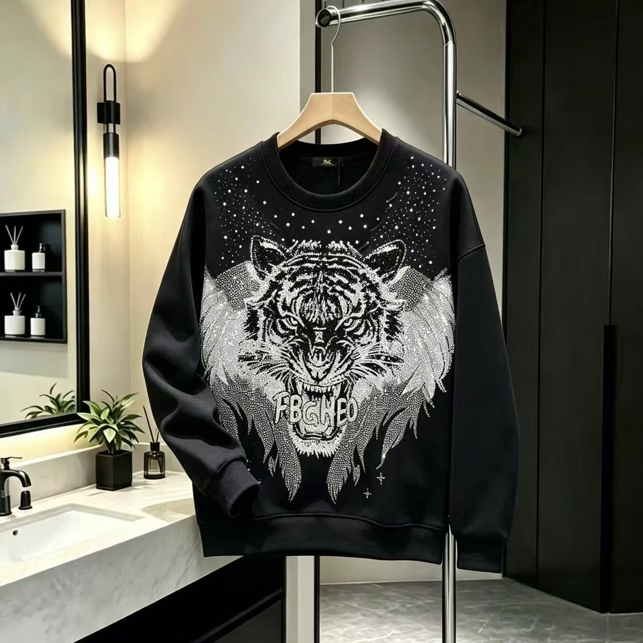 Autumn And Winter Thickened Men's Versatile Heavyweight Tiger-Head Rhinestone Long-Sleeve Minimalist Luxury Trendy Slim-Fit Round-Neck Sweatshi