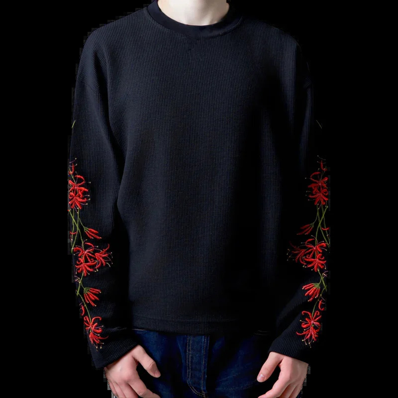 Unisex Black Long Sleeve Shirt Red Spider Lily Flower Embroidery Crew Neck Casual Streetwear Y2K Loose Fit Top for Men Women 260920