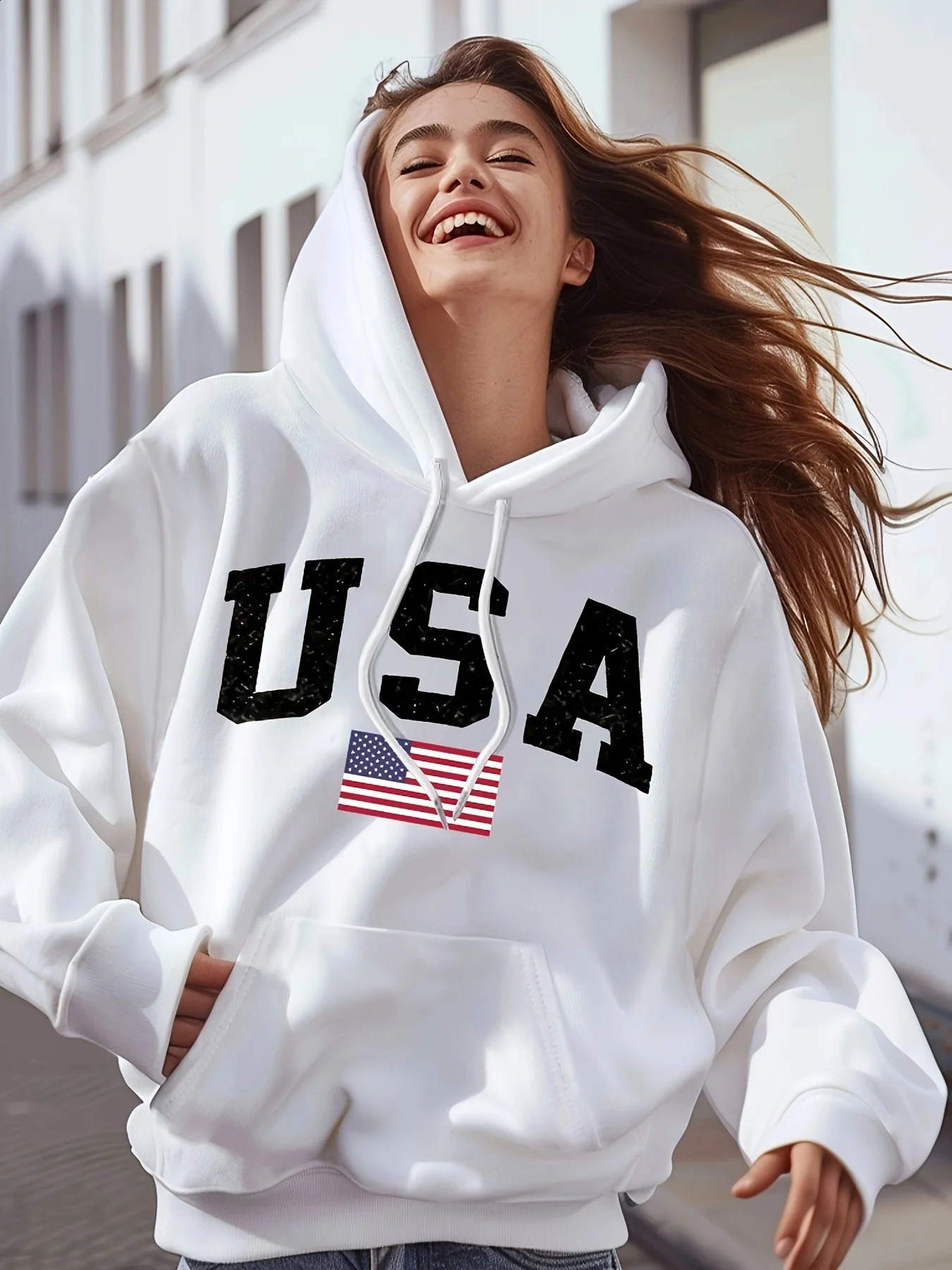 Felpa con cappuccio da donna con stampa bandiera USA, pullover casual a maniche lunghe con cappuccio per l'autunno/inverno con scritte in grassetto