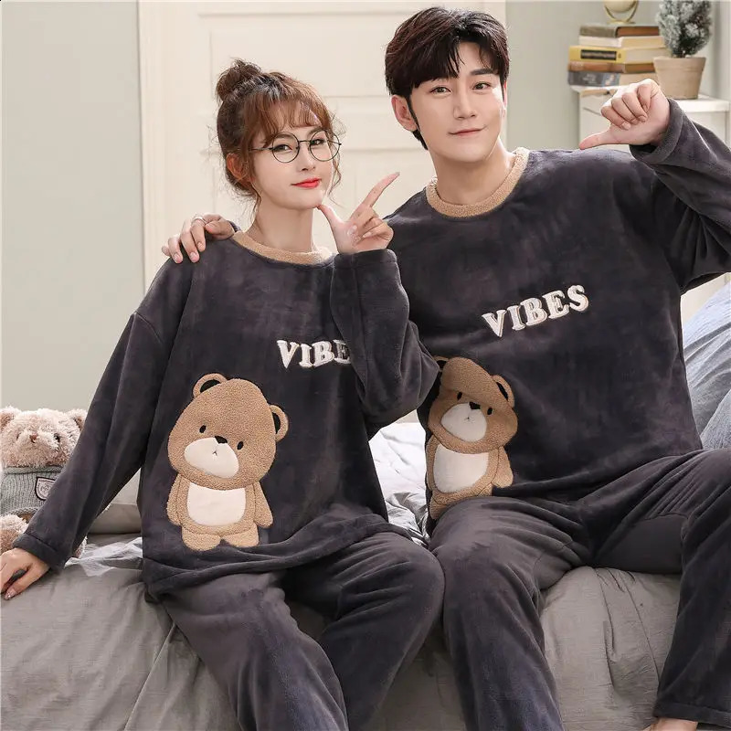 2PCS/Set Thickened Warm Sleepwear Fall and Winter Coral Velvet Couples Pajamas Men and Women Padded Home Wear Plush Loungewear 260918