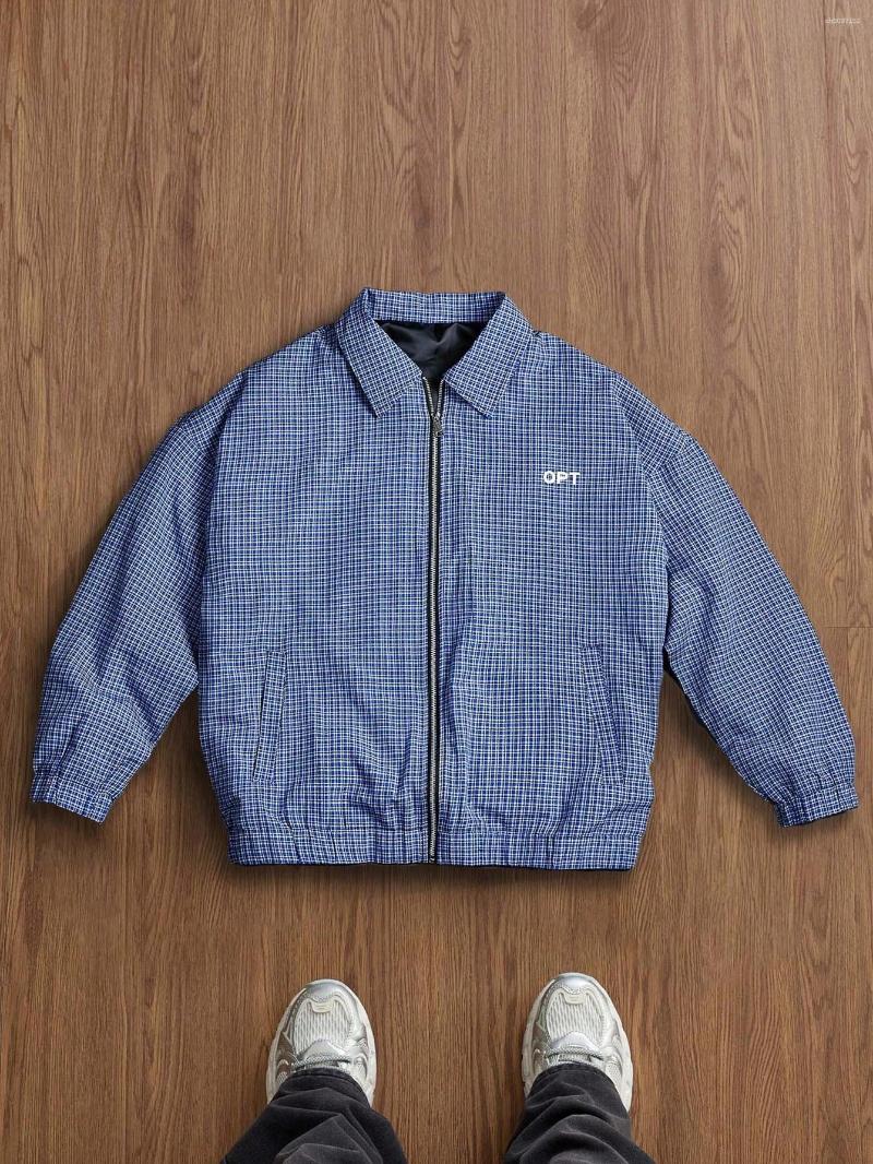 Men's Spring And Autumn Plaid Jacket With Lapel Collar Loose Fit Drop Shoulder Short Zipper Coat Retro Design Lining Elastic