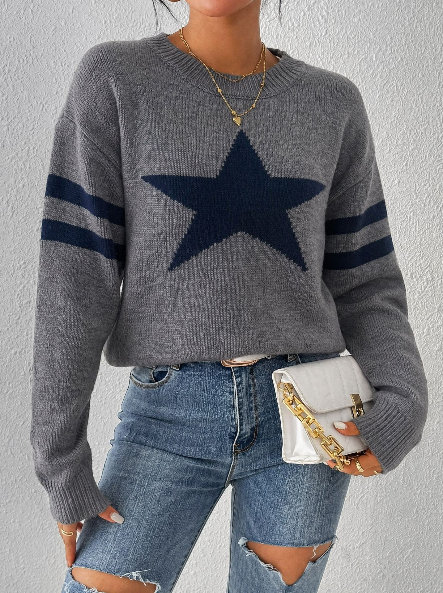 High-End Fashion Daily Luxury Clothing European American Style Pentagram Jacquard Knit Sweater For Women, Autumn And Winter Loose Round-Neck Striped
