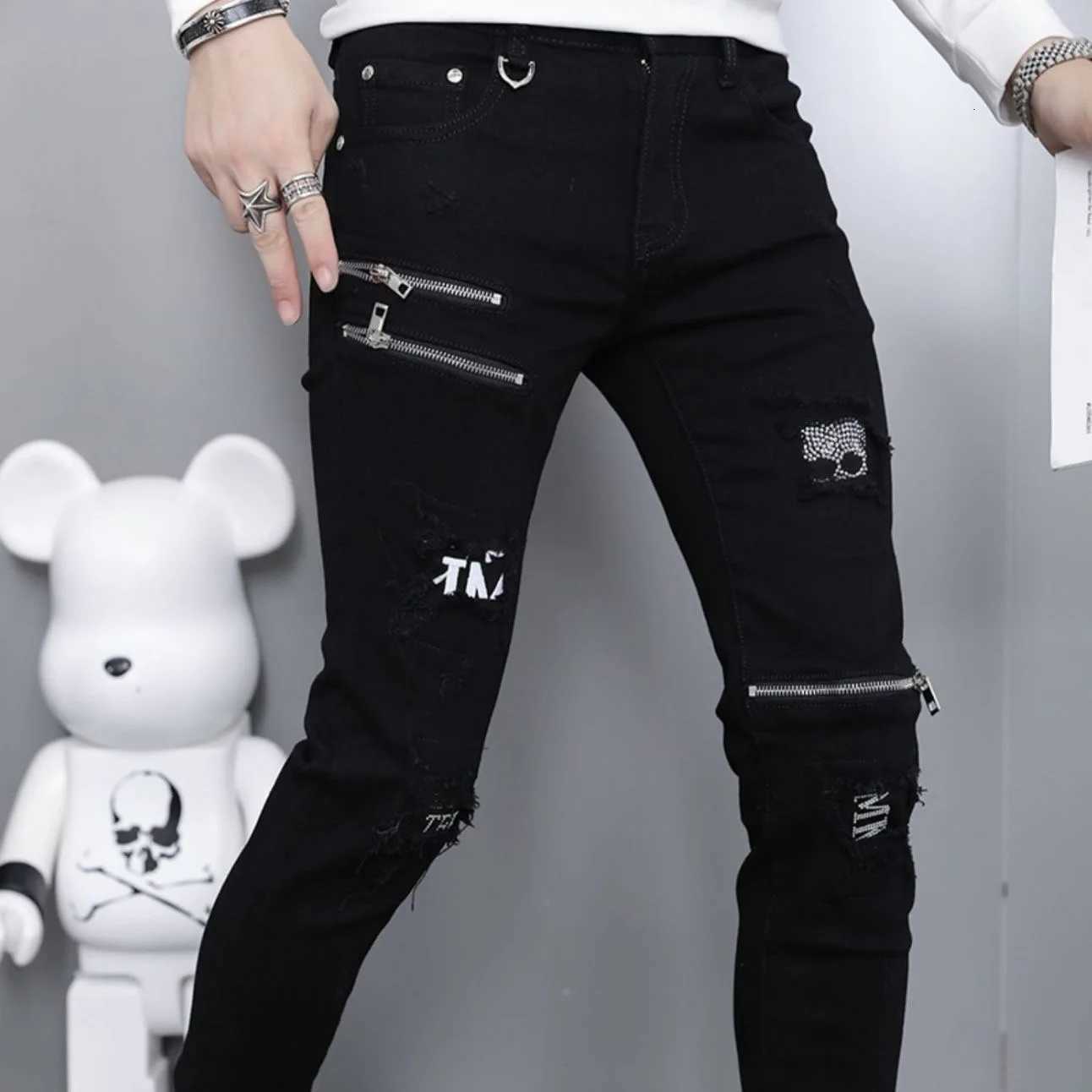 Men's Jeans 2024 Spring and Autumn Fashion Black Ripped Stretch Jeans Men's Casual Slim Breathable High-Quality Straight Leg Pants 28-36 X
