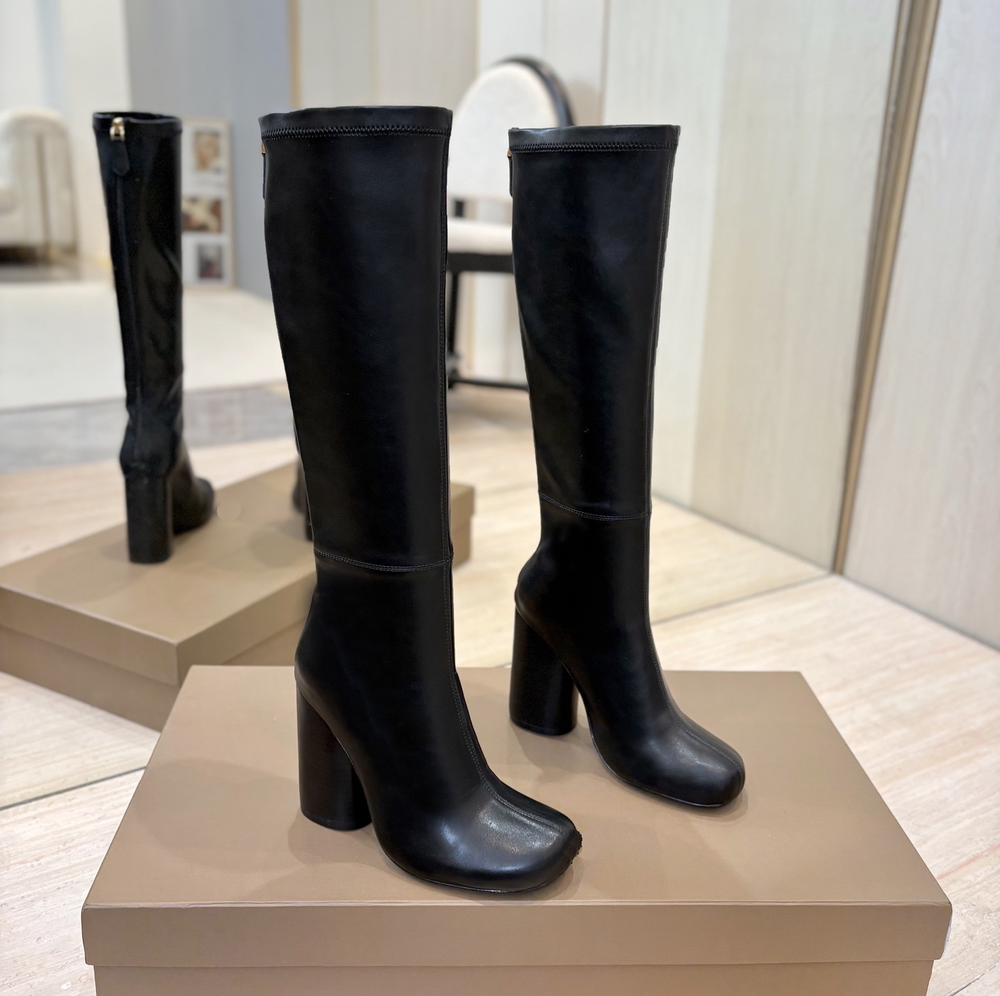 Designer Womens Dress Shoes Luxury High Heel Over The Knee Boots Chunky Heels Pointy Toes Wide Fit Calf Open Back Long Boot