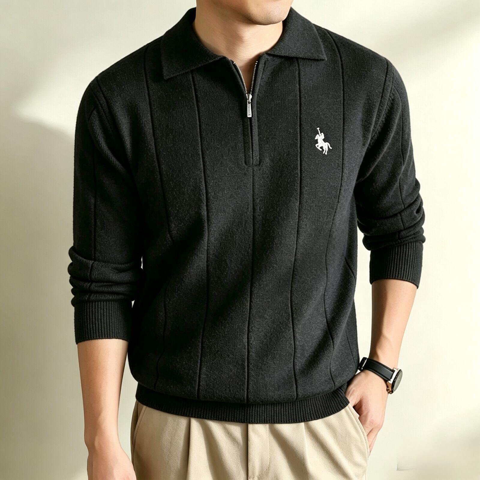 High-End Designer Old Money Style Men's Jacquard Knit Long-Sleeve Polo Shirt, Fashionable Textured Design, New Autumn/Winter Warm Base Layer Cl