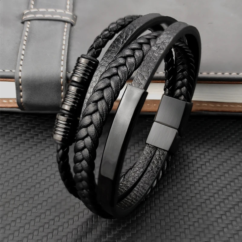 Pulsera de cuero genuino de acero inoxidable multicapa para hombre, brazaletes con cierre magnético, accesorios de oficina, joyería 260918