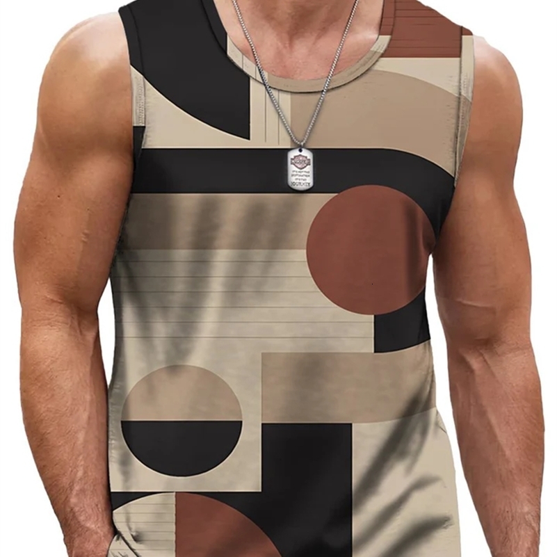 Mens Retro Geometric 3D Printed Tank Top Summer Casual Crew Neck Fashion Trend Sleeveless Vest Loose Breathable Sports Tops 260920