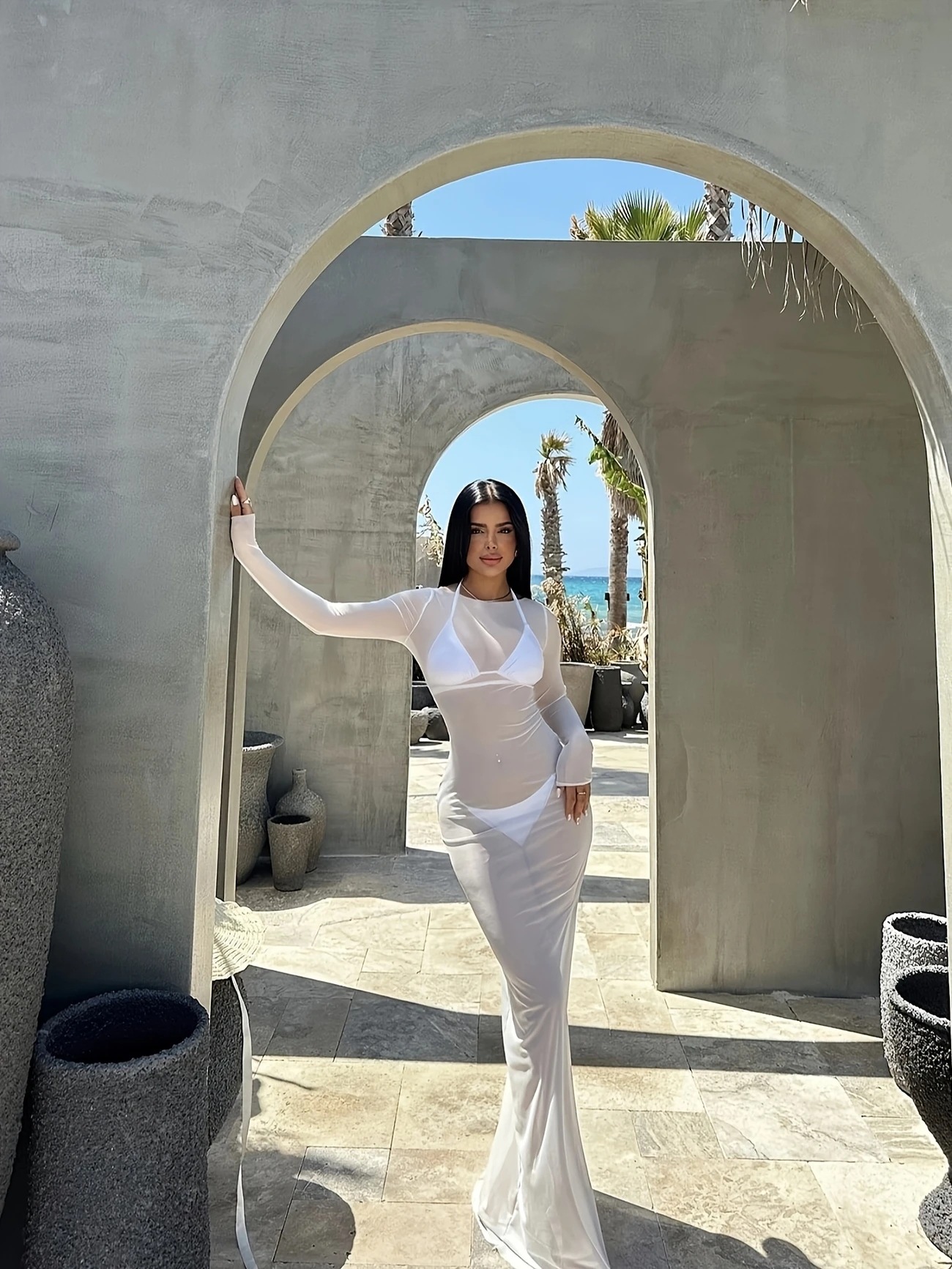 women beachwear Summer Slim Sexy Mesh See Through Long Sleeve Maxi Dress Beach Cover Up Beachwear For Women Party Outfits