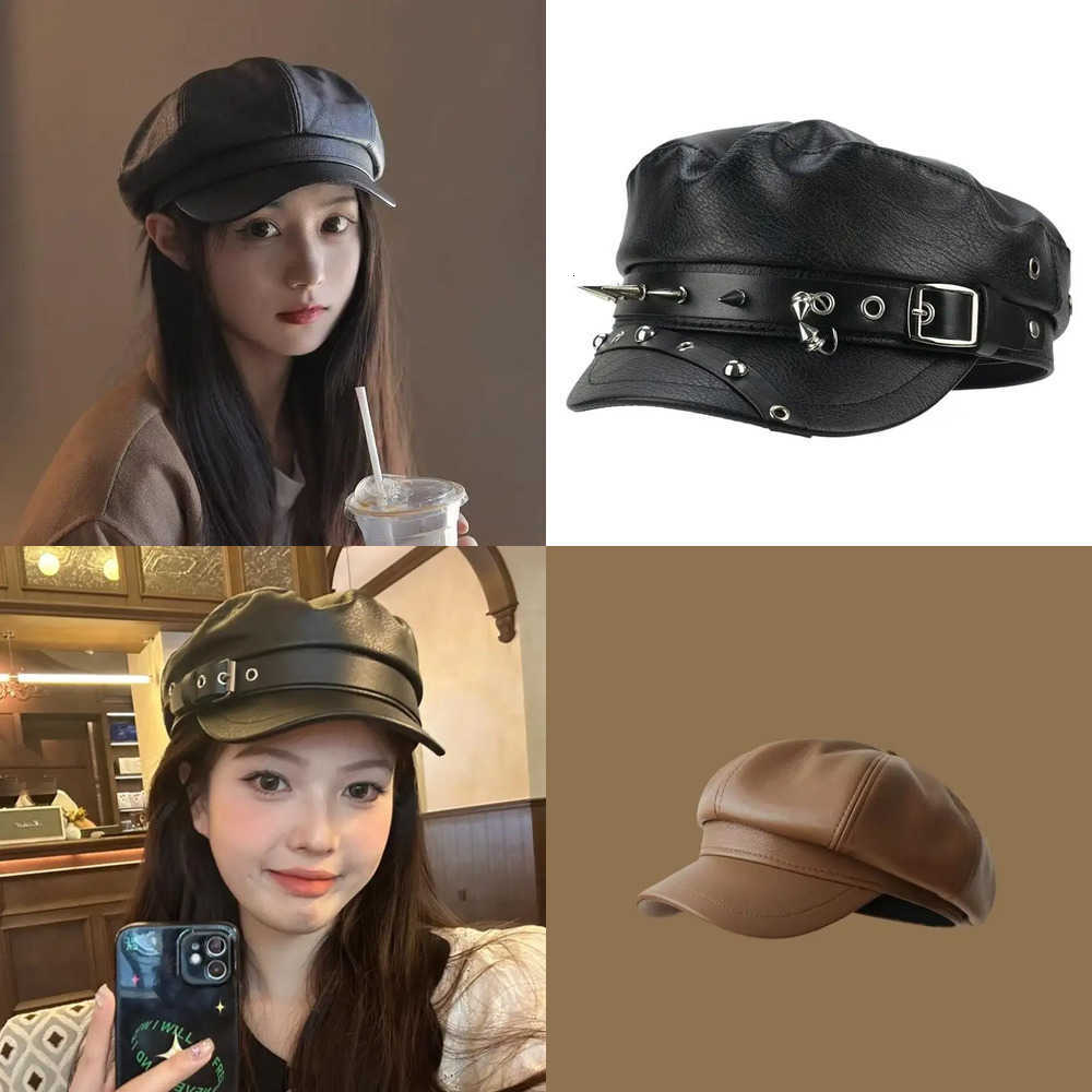 Beret Rivet Berets Harajuku Vintage Y2K Girl Gothic Lolita Black Leather Dark Face Revealing Flat Top Newsboy Caps Sunscreen Beret Cap J260919