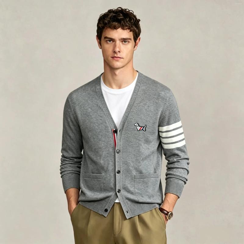 High End Brand Knitted Cardigan Men's Autumn Trend Striped Designer Puppy Embossed Korean Casual Side Split V-neck Sweater Coat