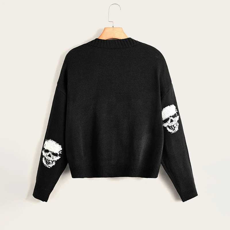 Black Women's Skull Print Cardigan V-Neck Long Sve Cropped Gothic Punk Knit Sweater Loose Fit Autumn Winter Coat S260919P4SJ