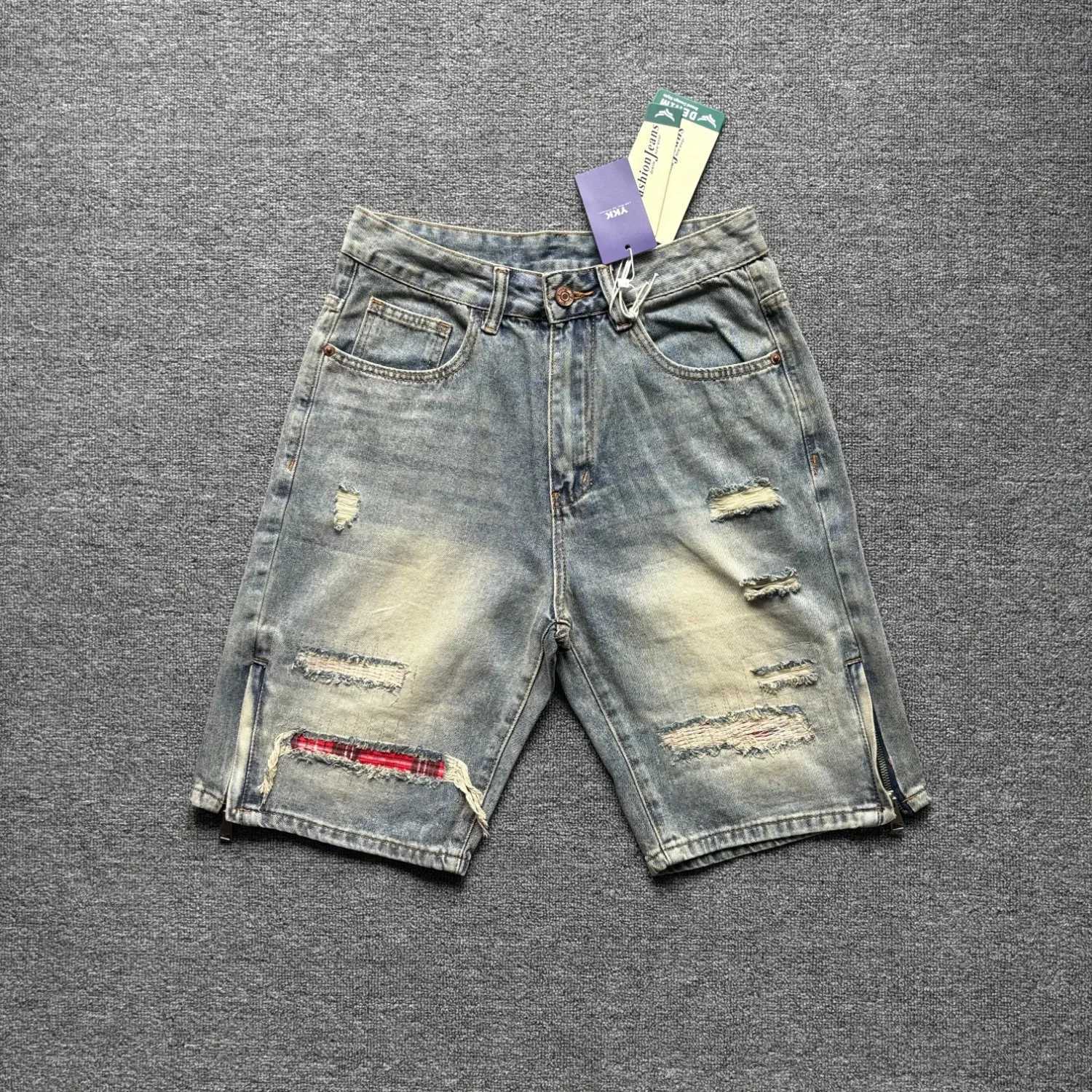 Men's Jeans American retro washed distressed denim shorts men's raw edge splicing loose straight pants X260919