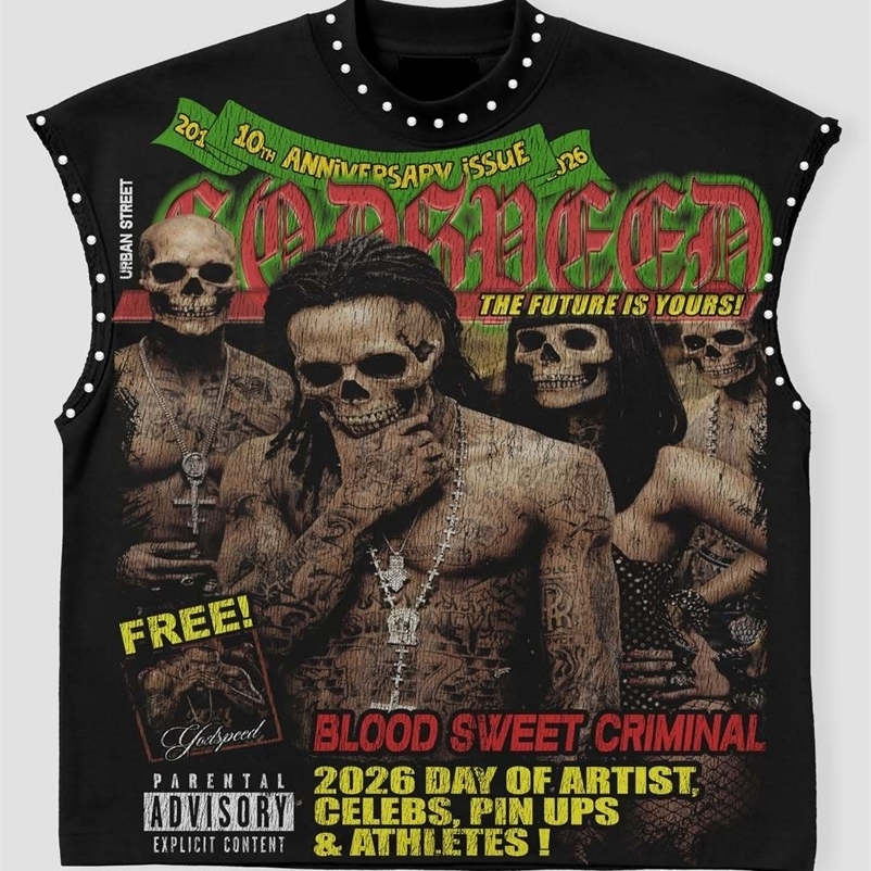 Retro skull tattoo print rivet sleeveless T-shirt street wear Gothic oversized vest Y2K 90s hip-hop black vest 260918