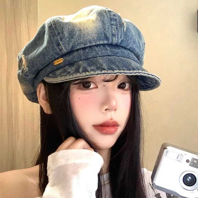 Style Harajuku Berets Washed Vintage Denim Berets for Women Summer and Autumn Travel Versatile Casual Retro Octagonal Hats Men N260919