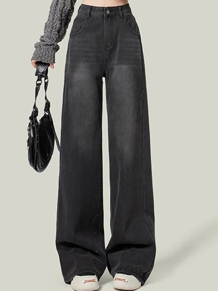 Jeans coreani a vita alta da donna Pantaloni larghi in denim larghi slim fit da donna Pantaloni dritti da strada grigi neri 260920