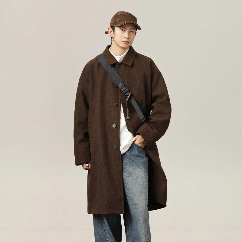 Men's Autumn and Winter Korean Version of Loose Woolen Coat Solid Color Over The Knee Lapel Single Breasted Woolen Coat 260920