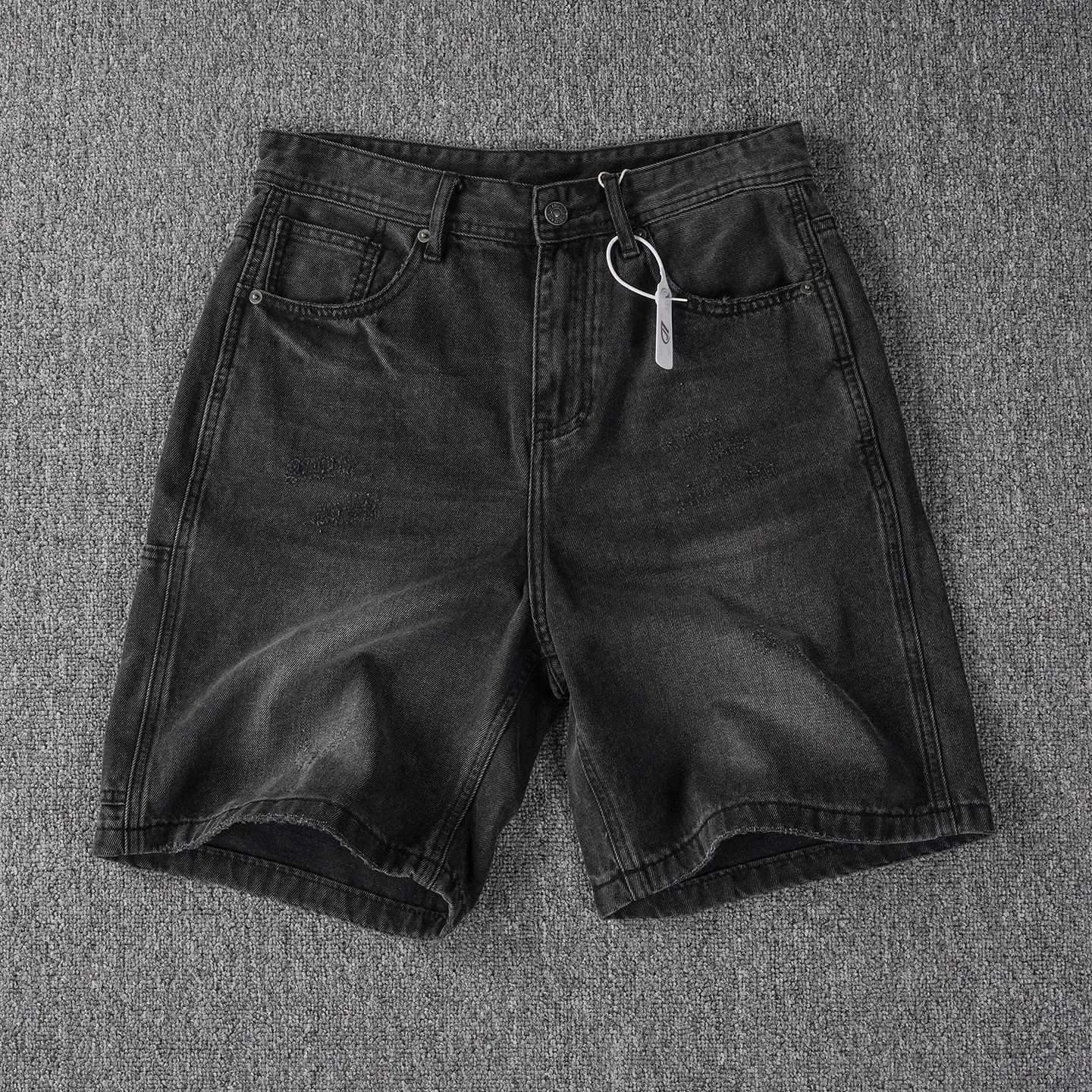 Men's Jeans Side cargo pocket design heavy washed aged whiskers black and gray denim shorts men's summer quarter pants X260919