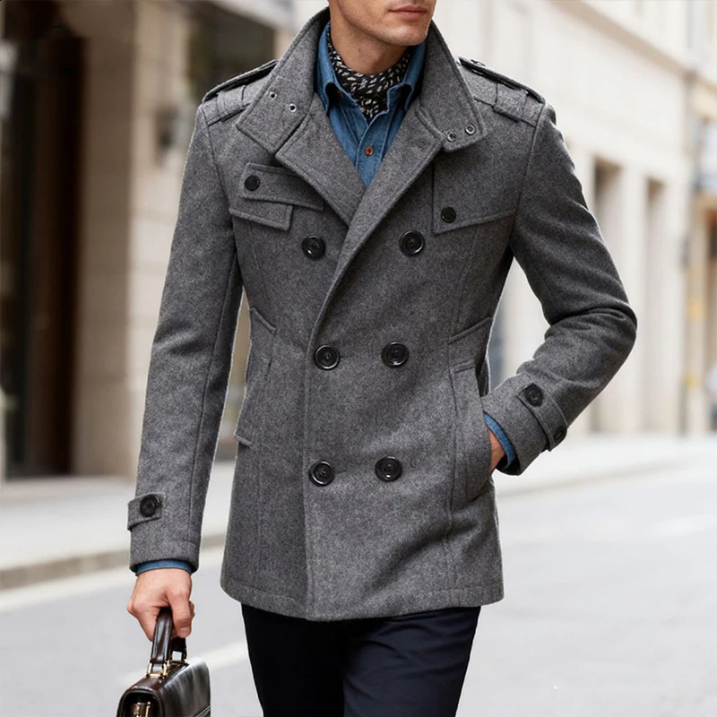 Men's Double-breasted Woolen Overcoat Fashion Solid Color Mid-length Jacket y Light Business Stand Collar Trench Coat M-3XL 260920