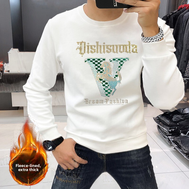 New Men's Fleece-Lined Sweatshirt, Versatile For Fall And Winter, Trendy With Rhinestones, Casual Round-Neck Design, Warm Base Layer, Slim Fit