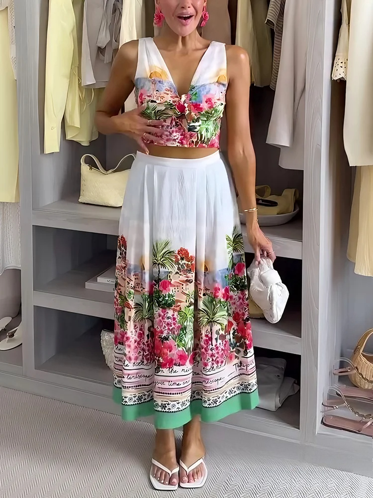 KONDALA Beach Sexy Chic Women Suit Print V-Neck Sleeveless Top Fold Zipper Long Skirt Fashion 2025 Summer Holiday Female Sets