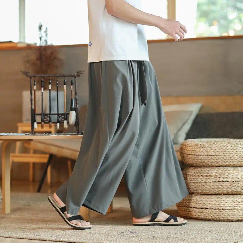 Summer 2026 Men's Light Ice Silk Culottes Extra Wide Wide-leg Pants Home Zen Meditation Chinese Style Large Size Baggy