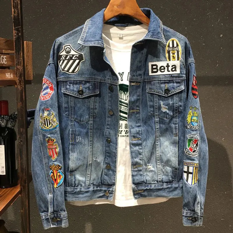 Spring and Autumn Men's Embroidered Denim Jacket Trendy and Handsome Slim Fit Badge Broken Coat 260920