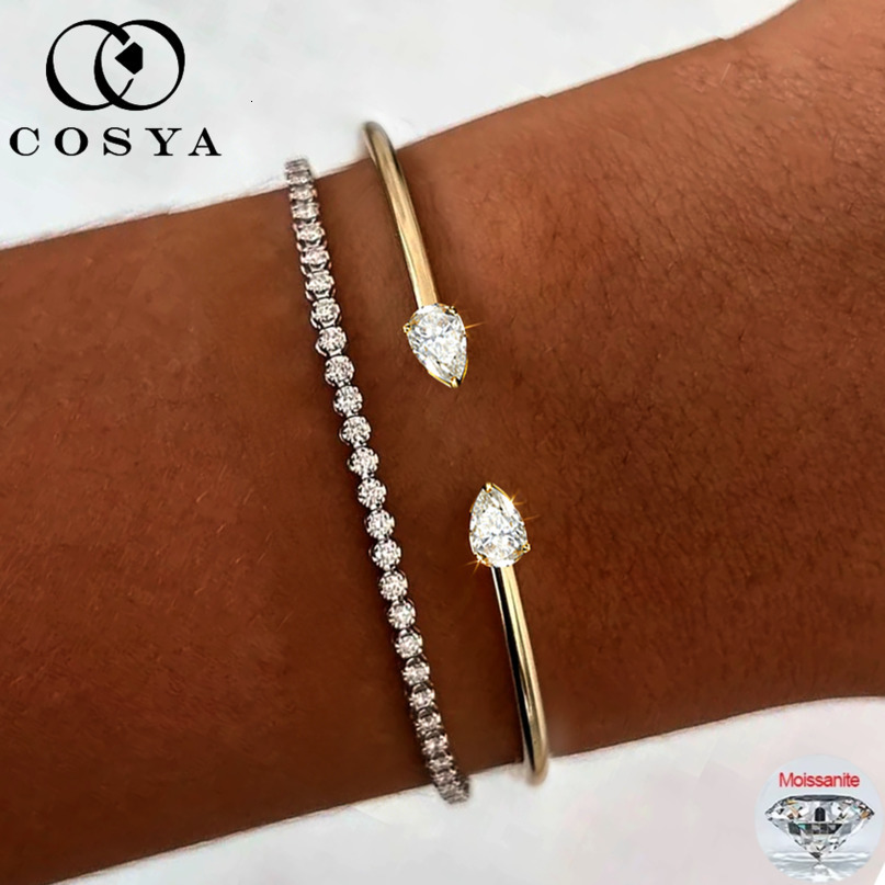 COSYA 2CT Pear Open Bangles Bracelet for Women S925 Silver 18K Gold Plated WaterDrop 2 Stone Adjustable Fine Jewelry 260918