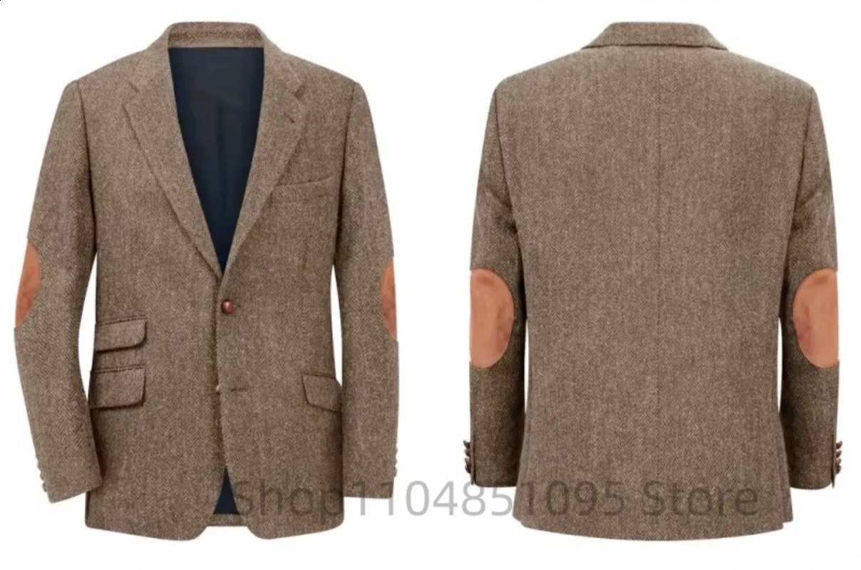 Men's Brown Herringbone Tweed Blazer Single Breasted Two Buttons Business Wedding Prom Tuxedo Jacket Casual Smart Suits Top 260920