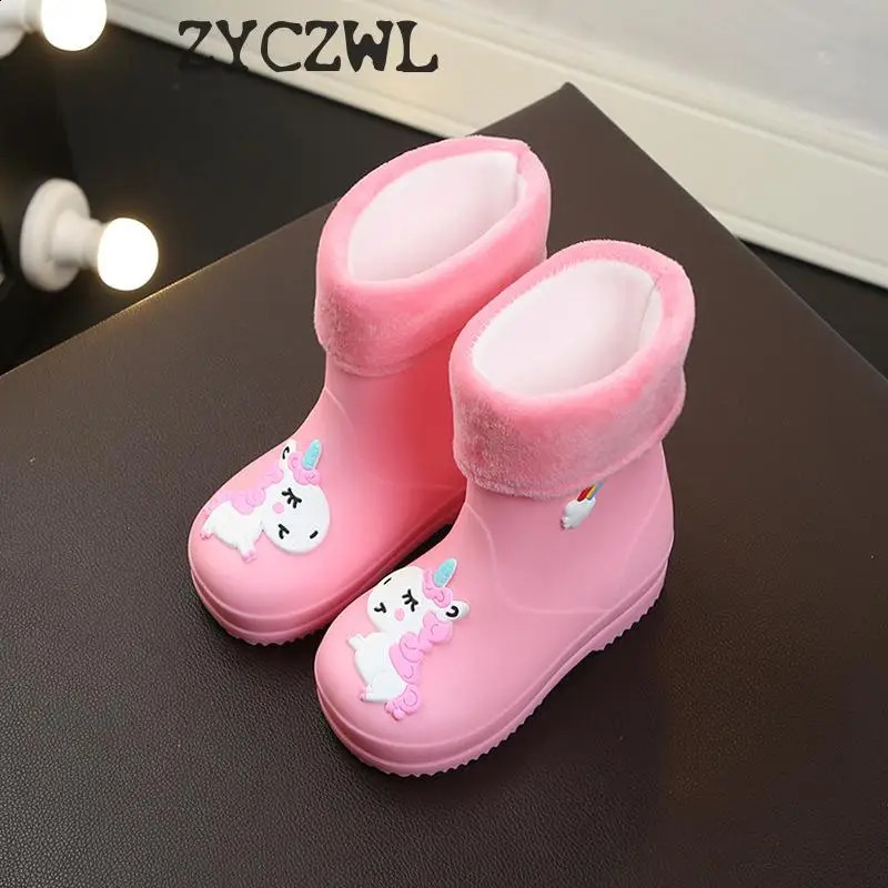 Kids Rain Boots For Girls Rubber Rainboot Boys Baby Girls PVC Warm Children Waterproof Shoes Modis Cartoon Unicorn Removable 260920