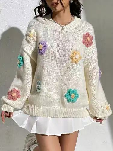 High-End Fashion Daily Luxury Clothing 2025 European And American Round Neck Pullover Elegant Style 3D Flower Cute Loose Knitted Cardigan For Women