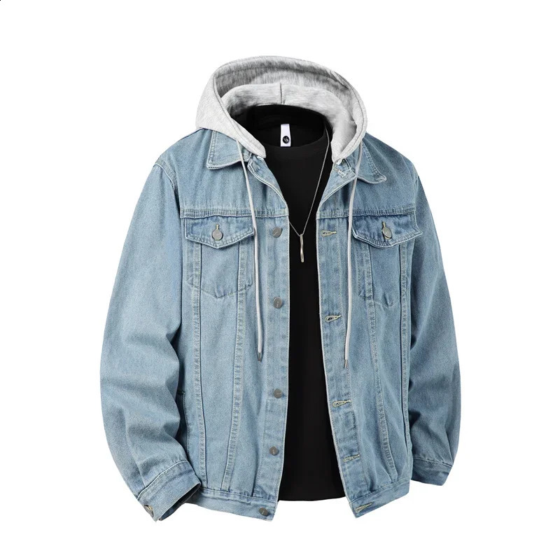 Autumn Winter Hooded Denim Jackets Men Casual Streetwear Outerwear Solid Color Loose Couple Denim Coats Hat Detachable Jacket 260920
