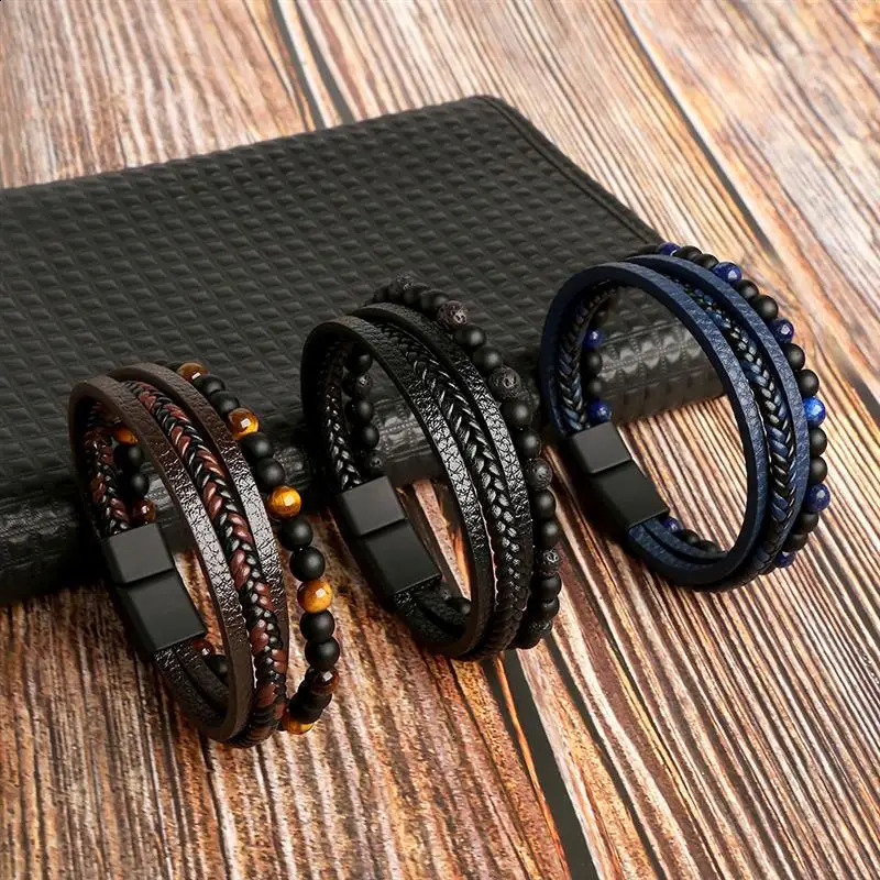 19/21/23cm Hand-woven Leather Bracelet High Quality Multilayer Tiger Eye Beaded Leather Men Bracelet Punk Bangle for Men Jewelry 260920