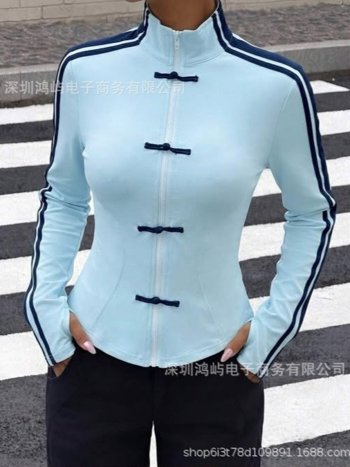 High-End Fashion Daily Luxury Clothing Summer Personalized Design Slim-Fit Striped Button-Up Cardigan New Chinese Style Long-Sleeve High-Neck Hoodle