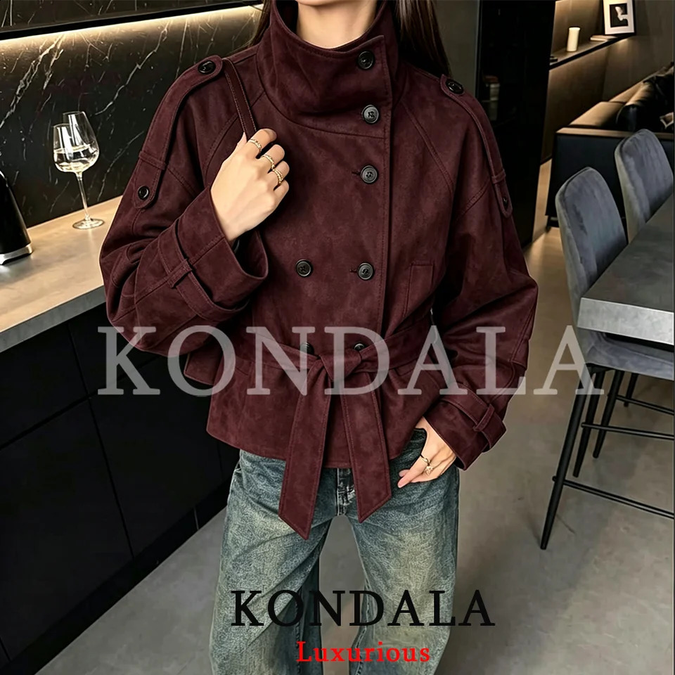 KONDALA Vintage Casual Women Suede Red Jacket Turtleneck Double Breasted Sashes Pockets Fashion 2026 Autumn Winter 260920