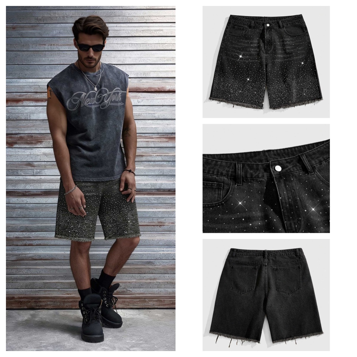 Streetwear Vintage Rhinestone Denim Shorts Y2K Mens Womens Vintage Washed Baggy Casual Shorts Over The Knee Pants