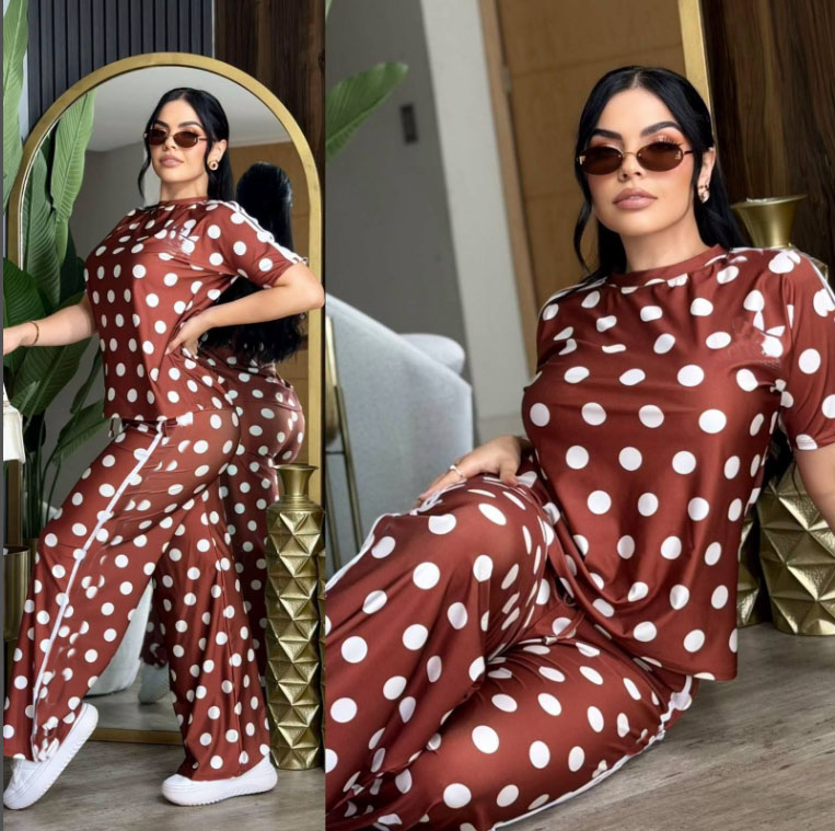 polka dot Tracksuits Summer Sets For Womens 2 Pieces Round Neck Short Sleeve And Wide Leg Pant suits New Women Outfit Tracksuit