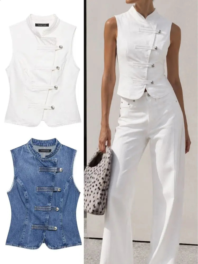 HH 2026 Summer Fashion Sleeveless Denim Vest Women Vintage Solid Buttons Decoration Stand Collar Tops Female Street Waistcoat 260920