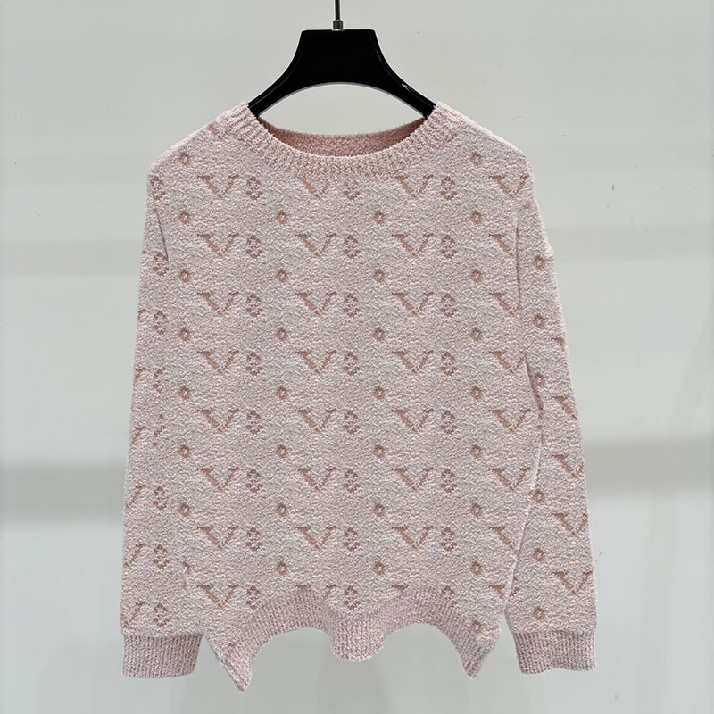 Women Jacquard Letter Knit Sweater Round Neck Long Sleeve Loose Pullovers Autumn Pink Versatile Tops for Women