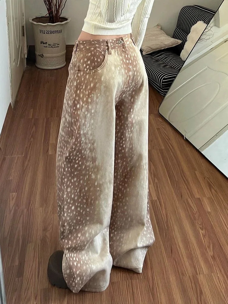 Jeans da donna larghi con stampa cervo a gamba larga Y2K Pantaloni vintage in denim lavato a vita alta con tasca ricamata Pantaloni casual streetwea