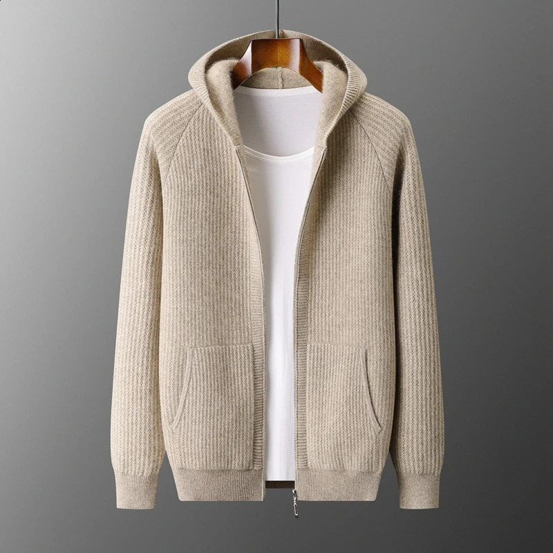 Mens Thick Zipper Hoodie Cardigan100% Merino Wool Knitted Sweater Casual Loose AutumnWinter Warm Long Sleeve Jacket 260920
