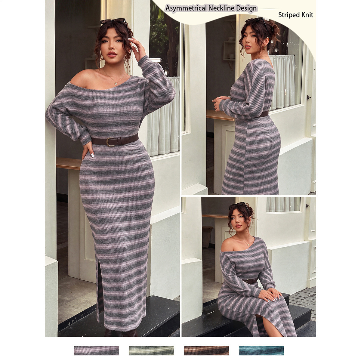 Plus-size relaxed-fit striped off-the-shoulder knit dress slim-fit with a slit long and body-hugging 260920