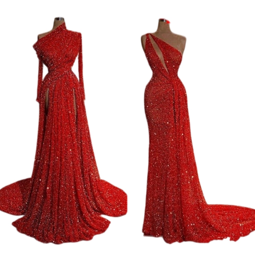 Nouveau Arabe Bling Sexy Paillettes Rouge Foncé Dentelle Robes De Bal Une Épaule Keyhole Gaine Split Parti Paillettes Longues Robes De Soirée For