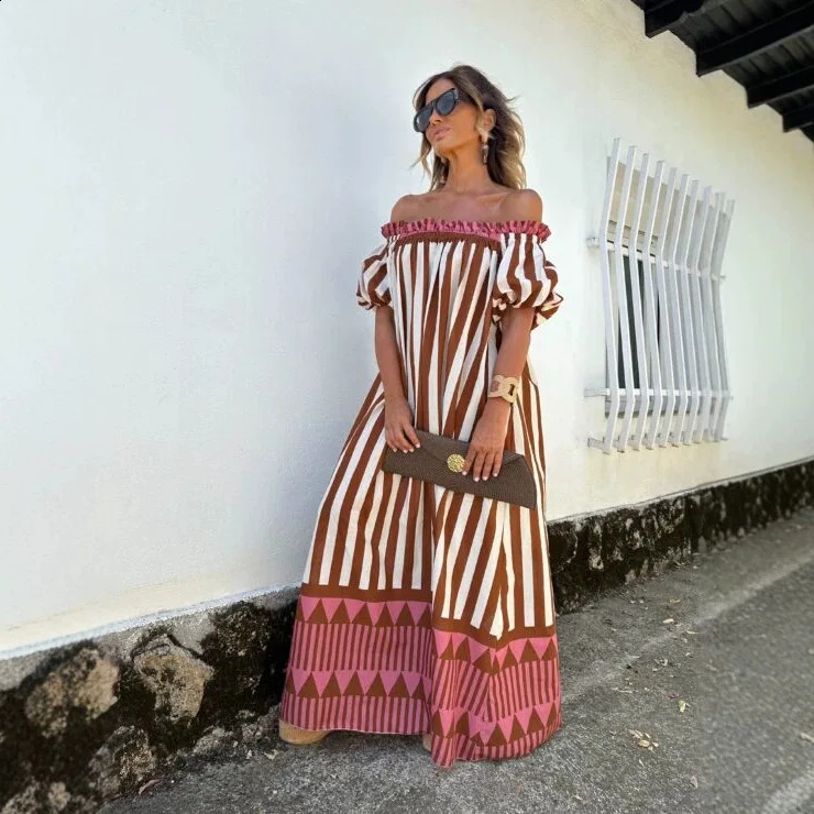 Boho Womens Long Dress Summer Puff Sleeve Off Shoulder Draped Party Dress Casual Striped Print One Line Neck Vacation Dress 260920